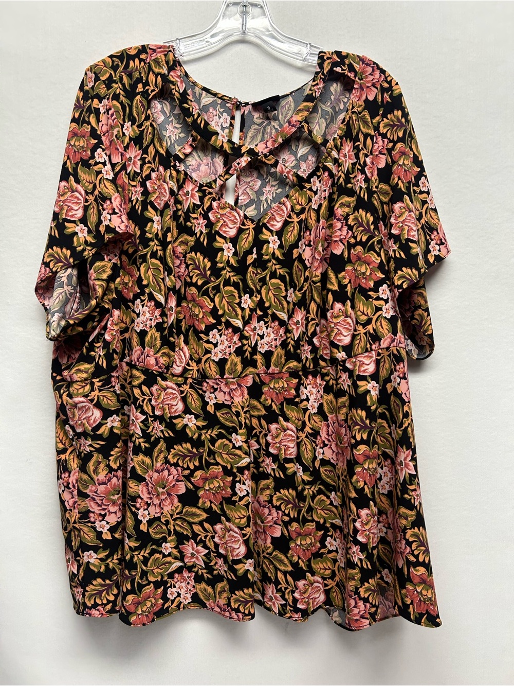 Floral Cutout Peplum Top - Black with Pink Floral